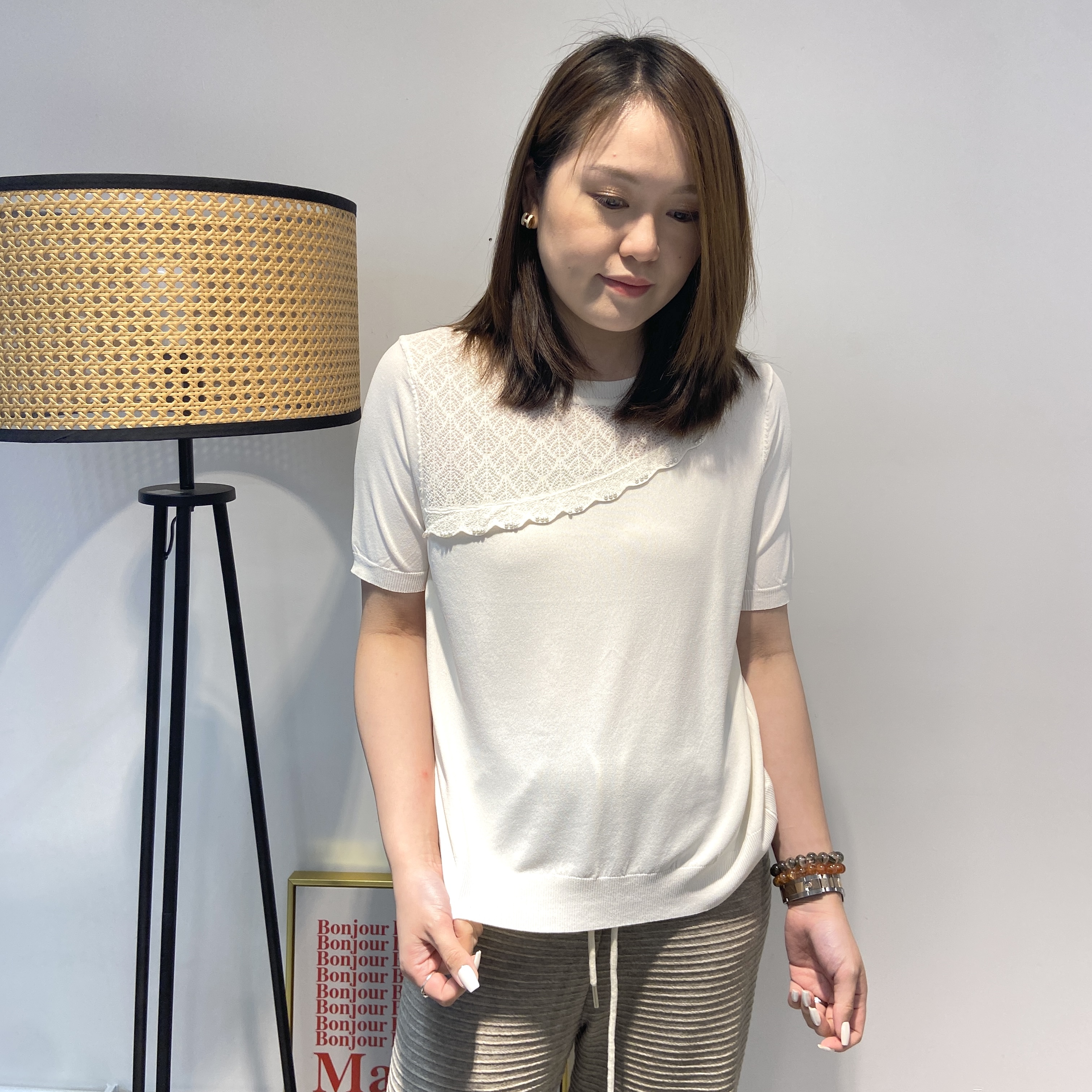 斜喱士小珍珠領冰絲針織TOP