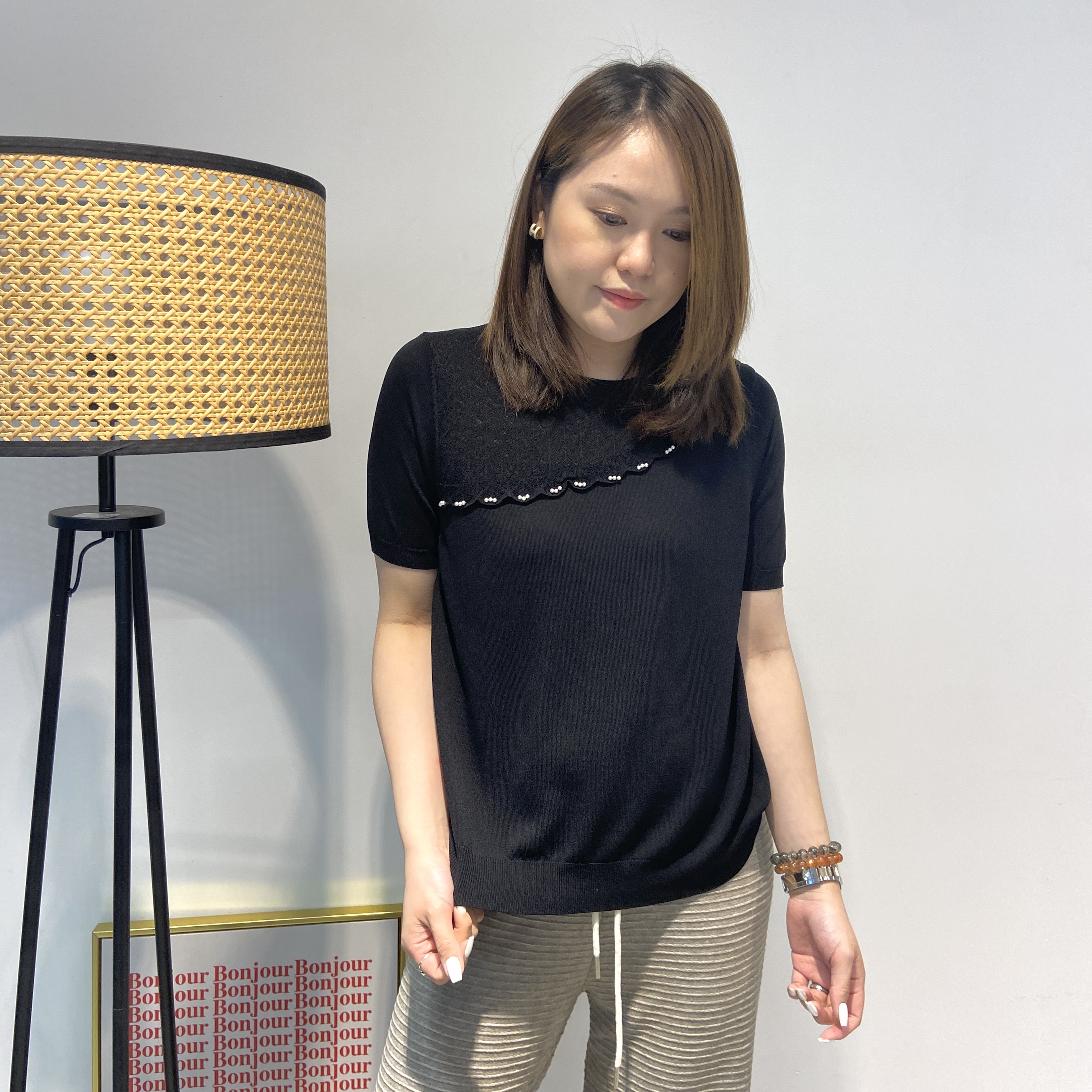 斜喱士小珍珠領冰絲針織TOP