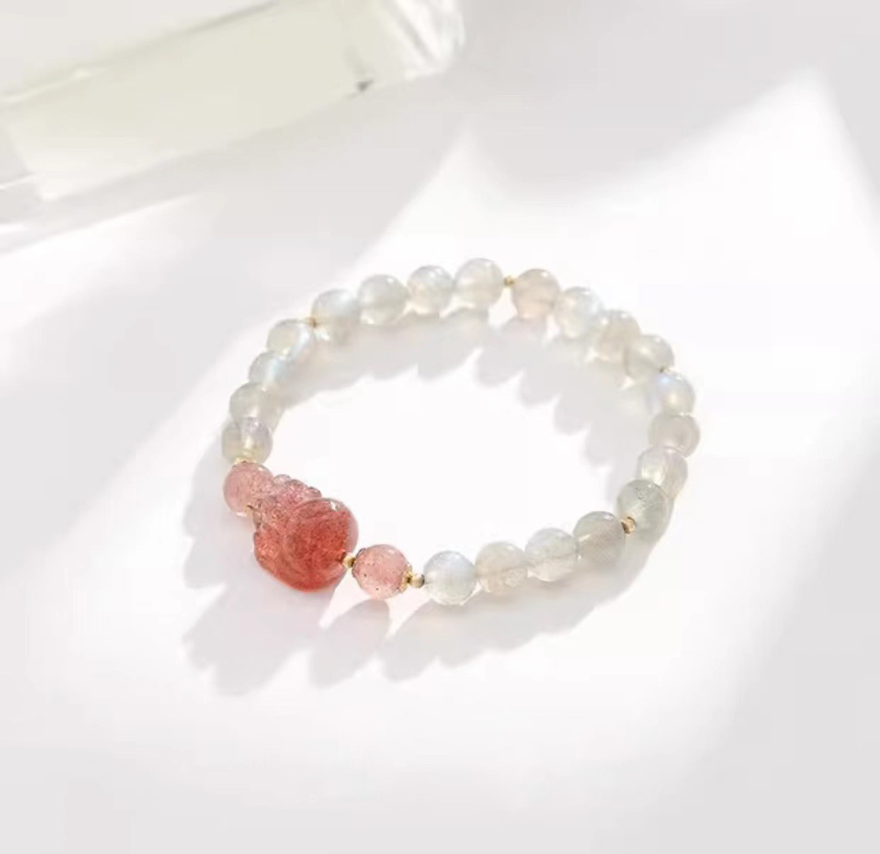 【桃花財運帶回家】草莓晶貔貅+灰月光石手鍊+金髮晶水晶手鍊/水晶手串