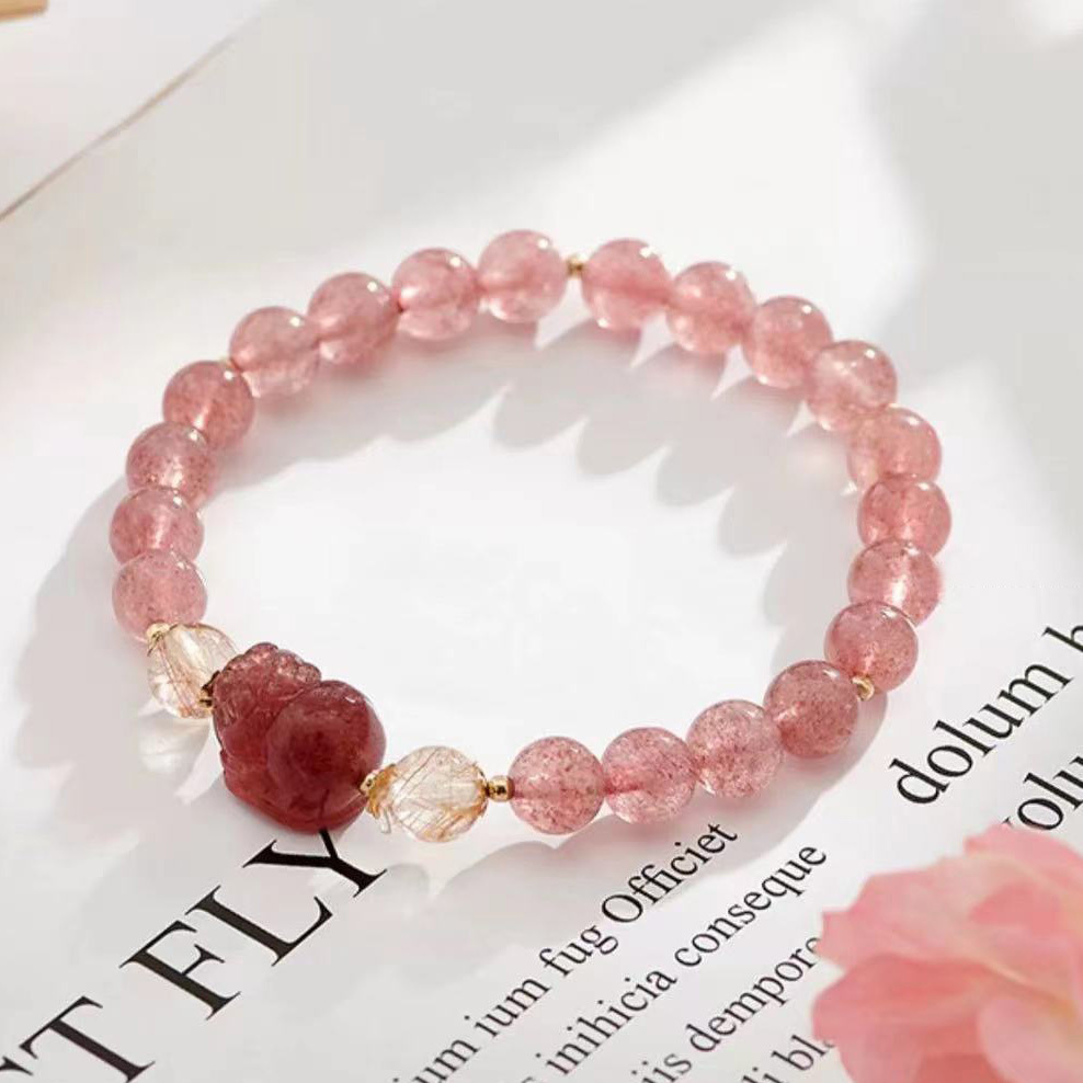 【桃花財運帶回家】草莓晶貔貅+灰月光石手鍊+金髮晶水晶手鍊/水晶手串