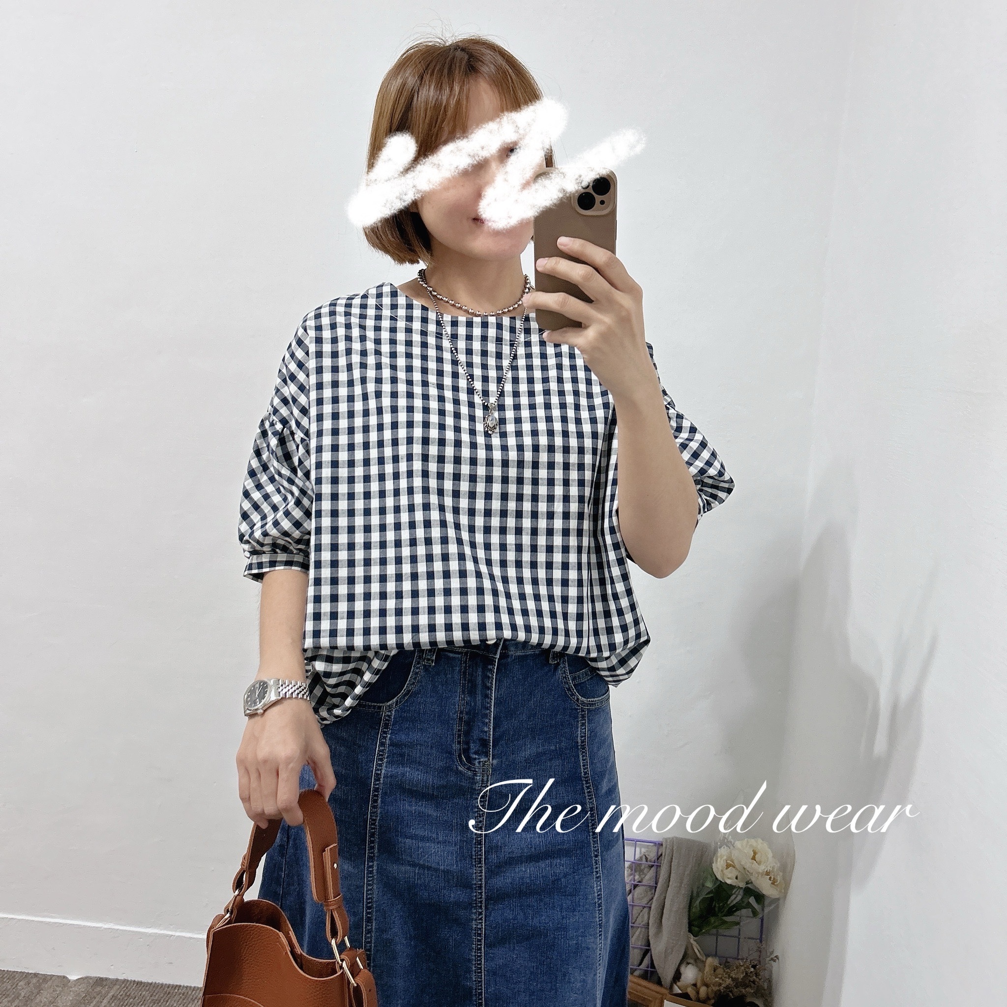 (雙面穿)都好看日系格紋立體手袖開襟抽繩上衣