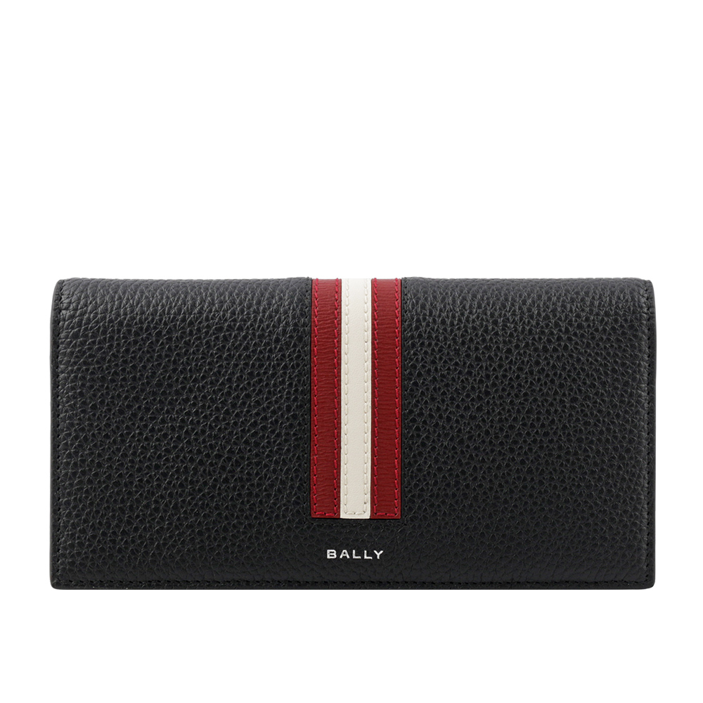 【BALLY】Ribbon 紅白條紋牛皮對開長夾(黑色) 6306558