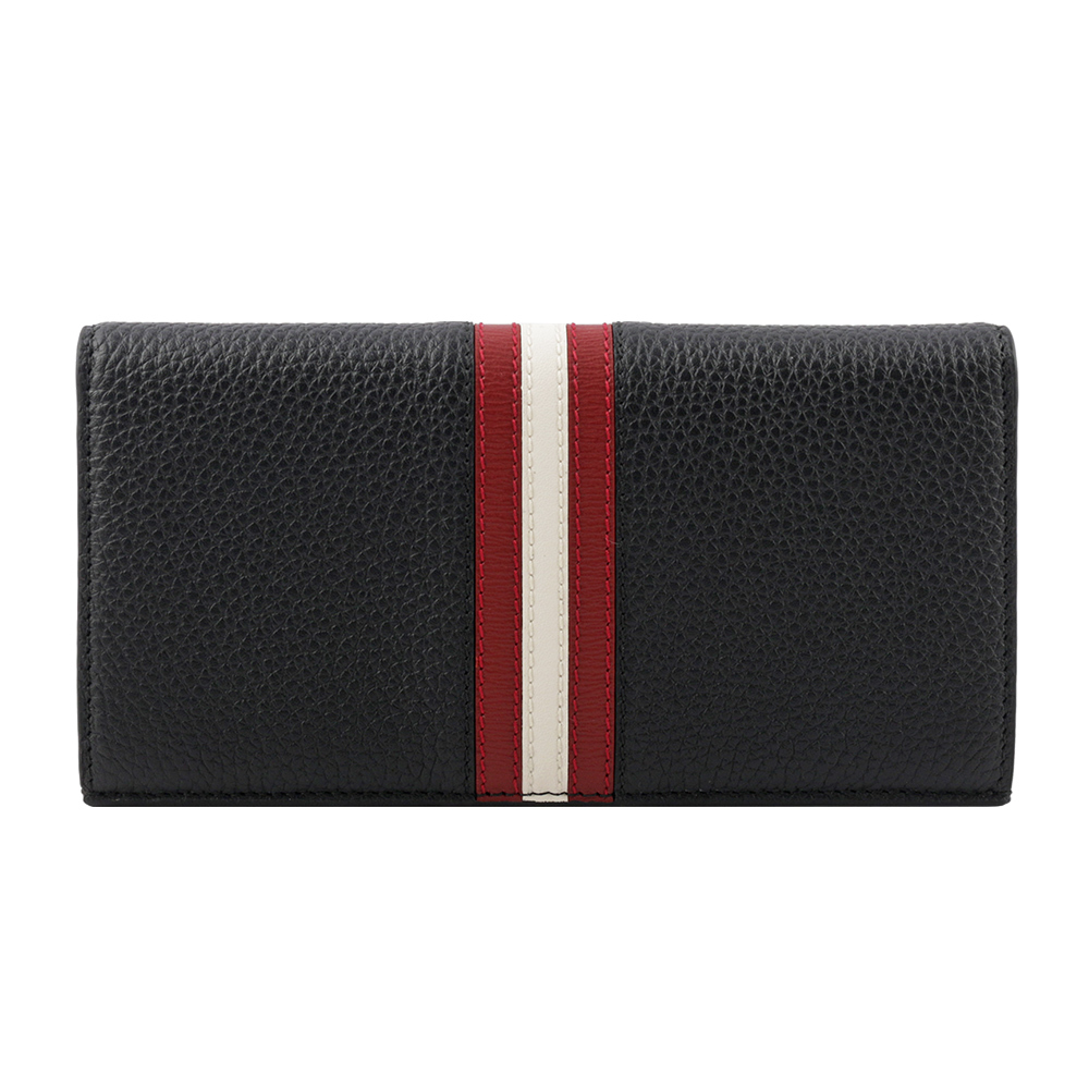 【BALLY】Ribbon 紅白條紋牛皮對開長夾(黑色) 6306558