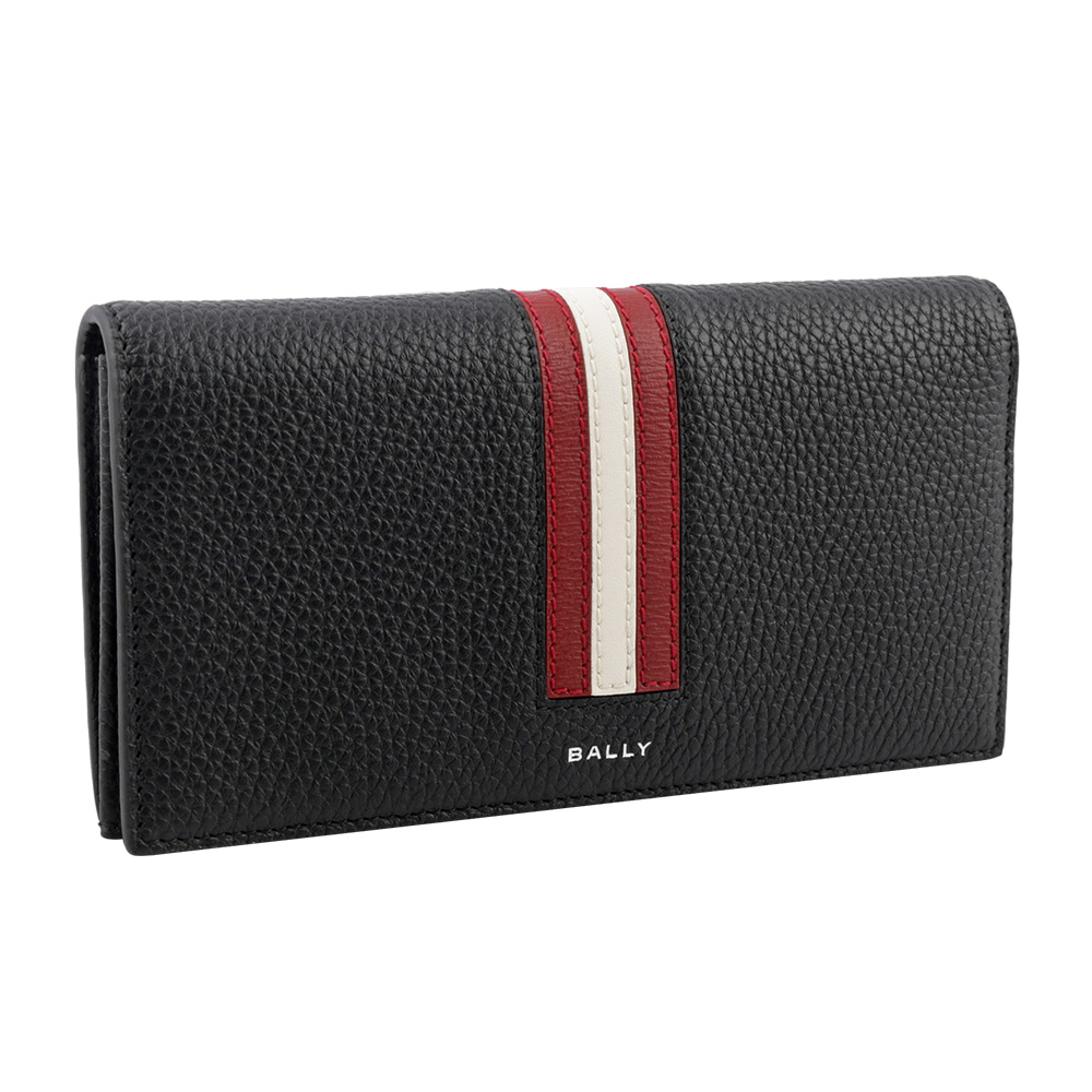 【BALLY】Ribbon 紅白條紋牛皮對開長夾(黑色) 6306558