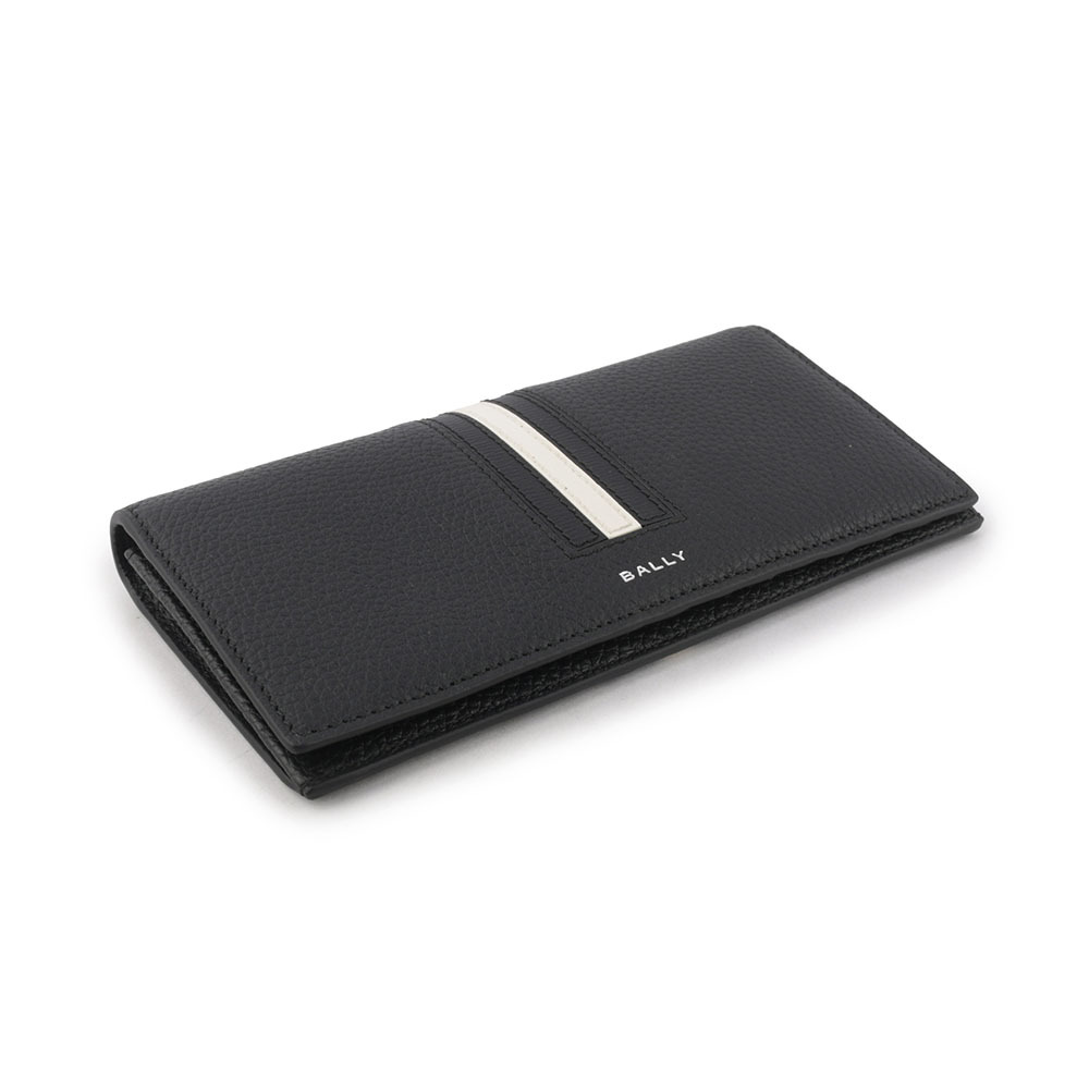 【BALLY】Ribbon 黑白條紋牛皮對開長夾(黑色) 6304909