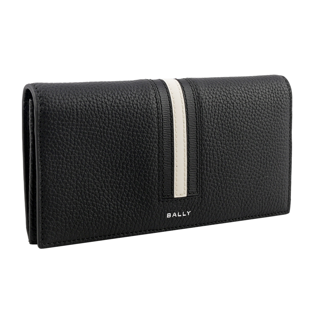 【BALLY】Ribbon 黑白條紋牛皮對開長夾(黑色) 6304909