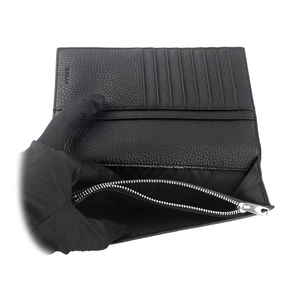 【BALLY】Ribbon 黑白條紋牛皮對開長夾(黑色) 6304909