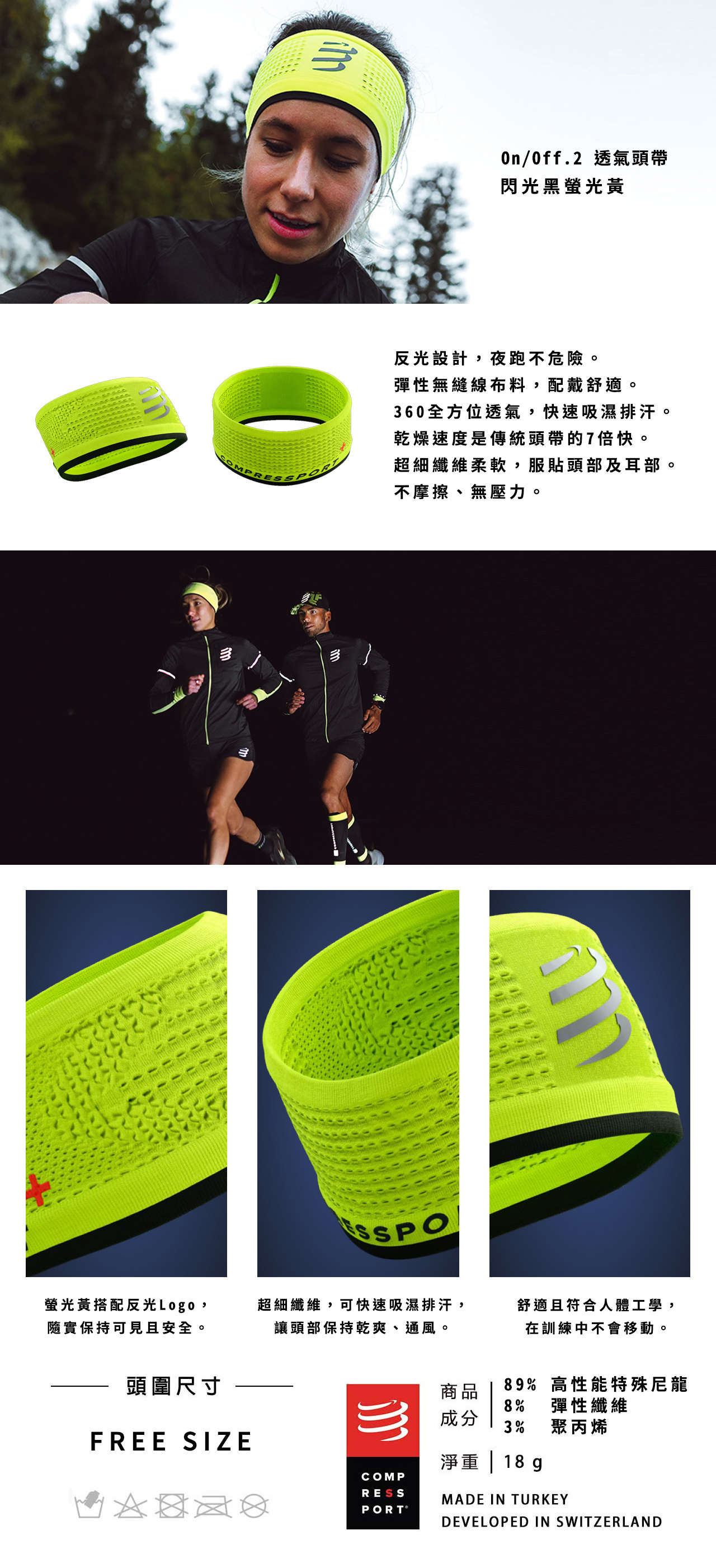 COMPRESSPORT  On/Off.2 輕薄型透氣頭帶 (閃光黑螢光黃)