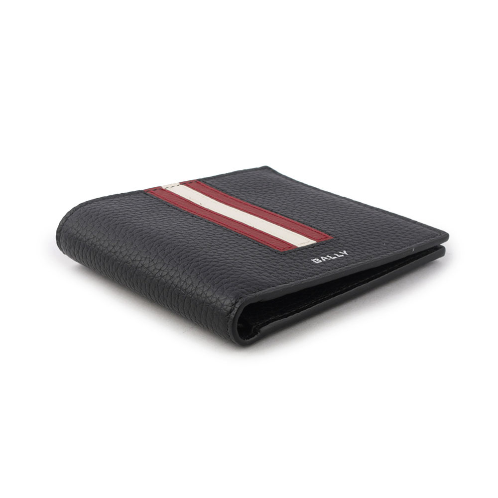 【BALLY】Ribbon 紅白條紋牛皮對開8卡短夾(黑色) 6306559