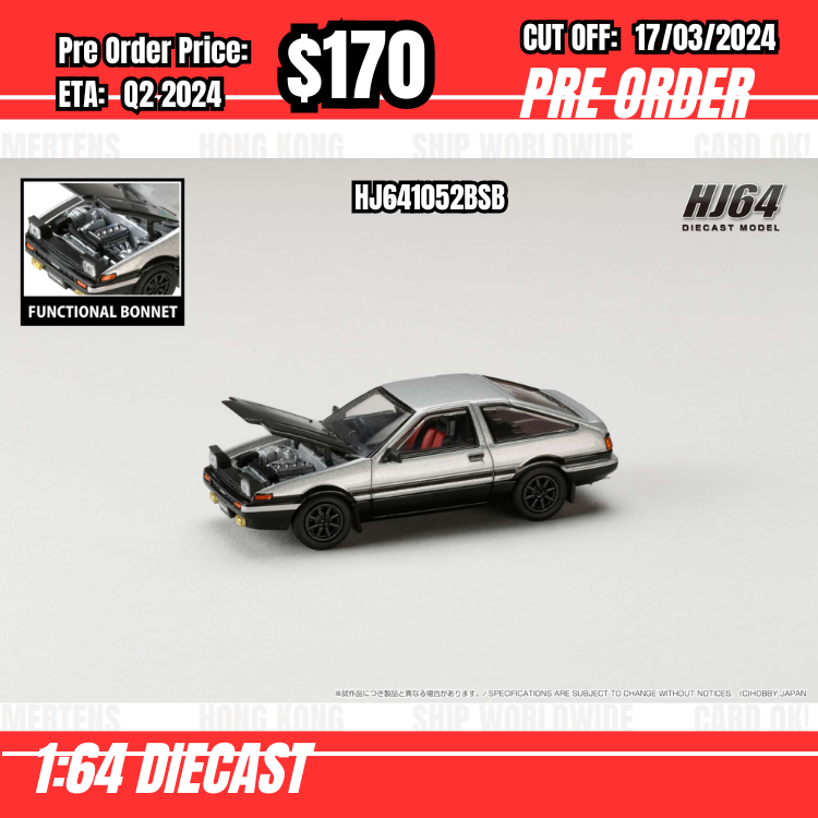 PO-$170 * Hobby Japan * 1:64  Toyota SPRINTER TRUENO GT APEX (AE86) JDM Style with CARBON BONNET Silver HJ641052BSB [OD07/03]