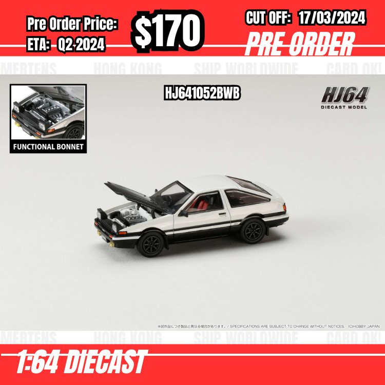 PO-$170 * Hobby Japan * 1:64  Toyota SPRINTER TRUENO GT APEX (AE86) JDM Style with CARBON BONNET White HJ641052BWB [OD07/03]