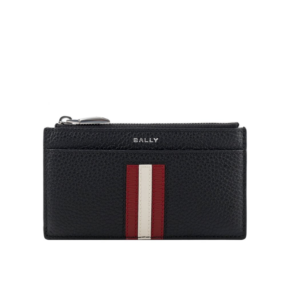 【BALLY】Ribbon 紅白條紋牛皮拉鍊卡片夾/零錢包(黑色) 6306557