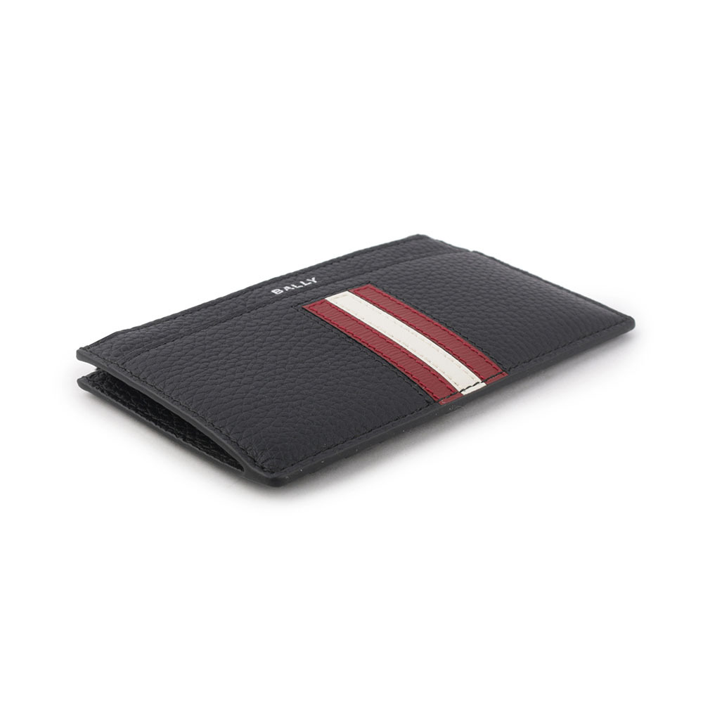 【BALLY】Ribbon 紅白條紋牛皮拉鍊卡片夾/零錢包(黑色) 6306557
