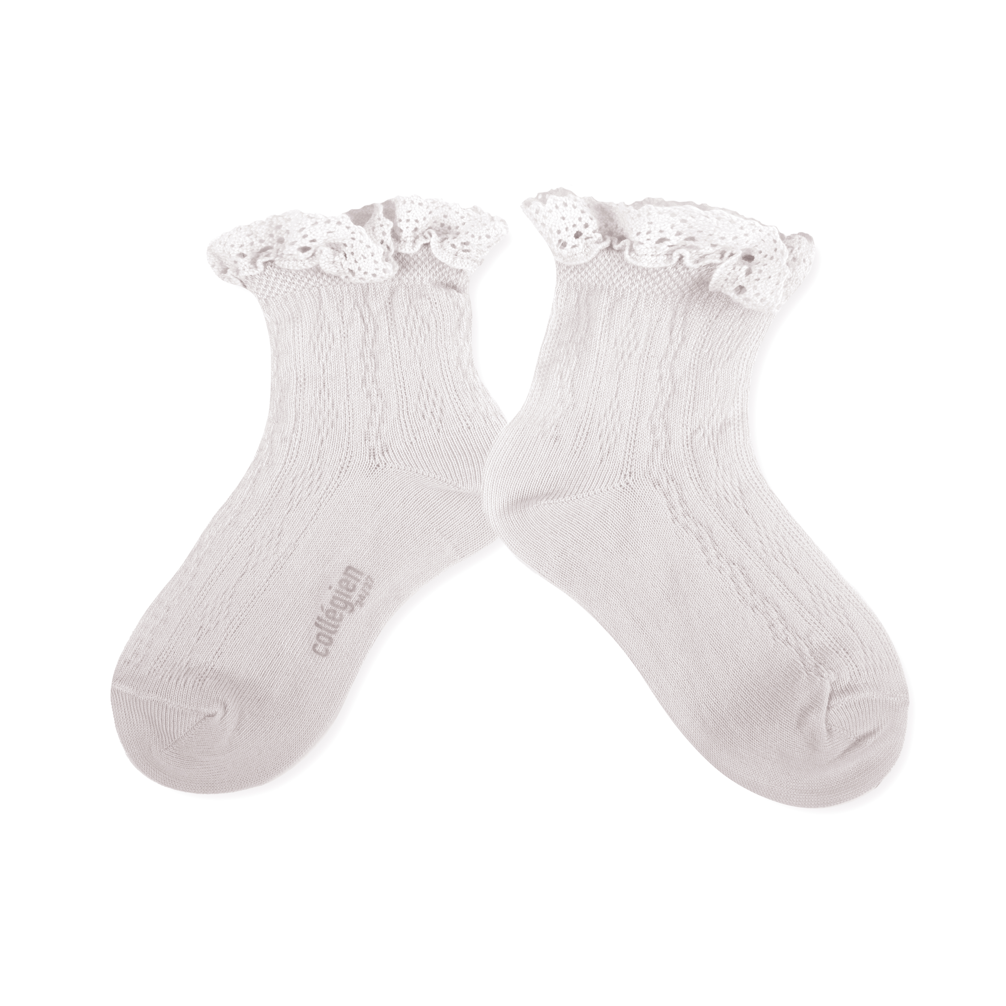 COLLÉGIEN - Annette Lightweight Pointelle Socks with Lace Frill（Blanc Neige）
