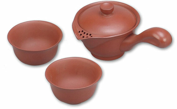 鹿港窯禮品館│茶道-紫砂陶-茶具組【握把側壺】1壺2杯 禮盒