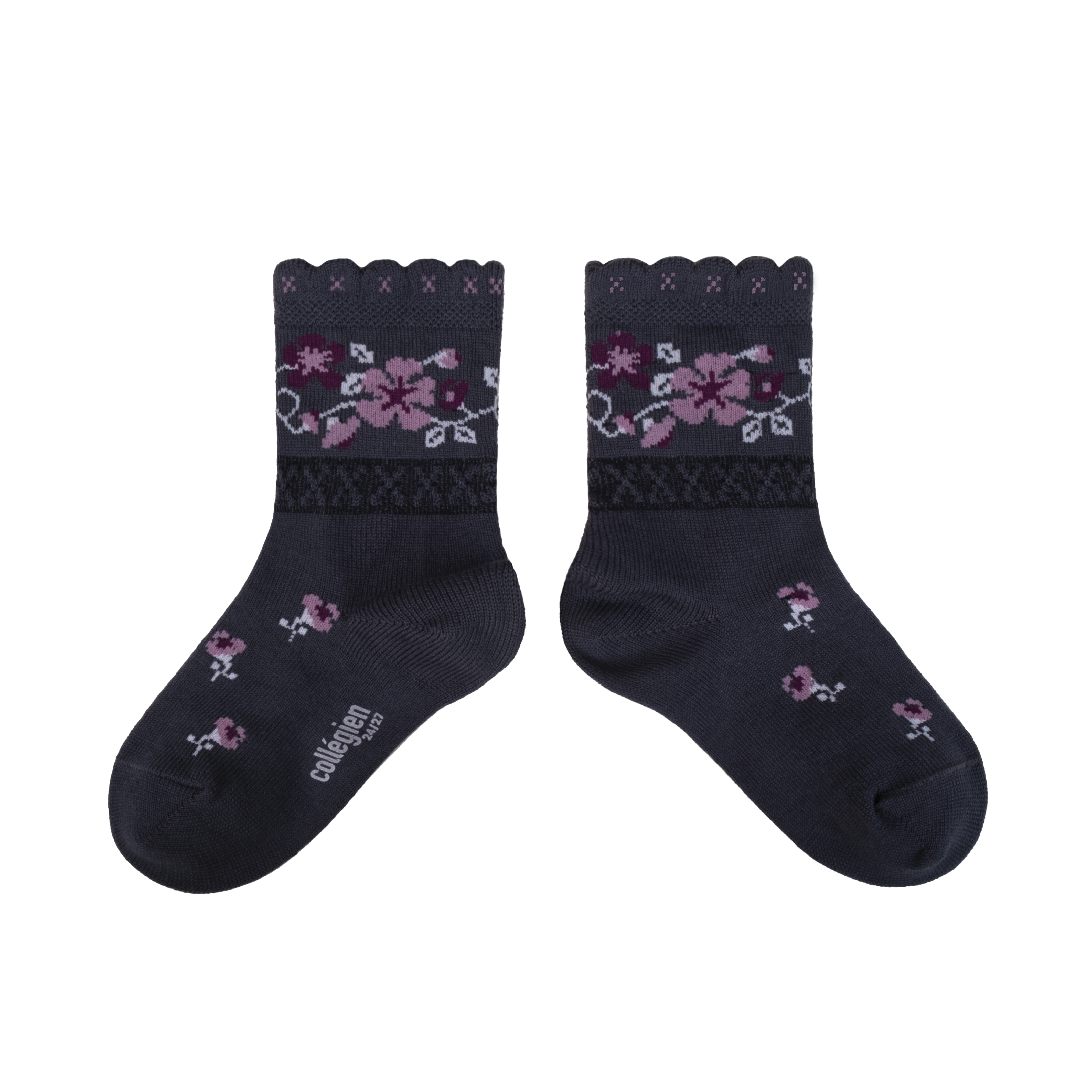 COLLÉGIEN - Camélia Jacquard Flower Ankle Socks（Pierre de Volvic）