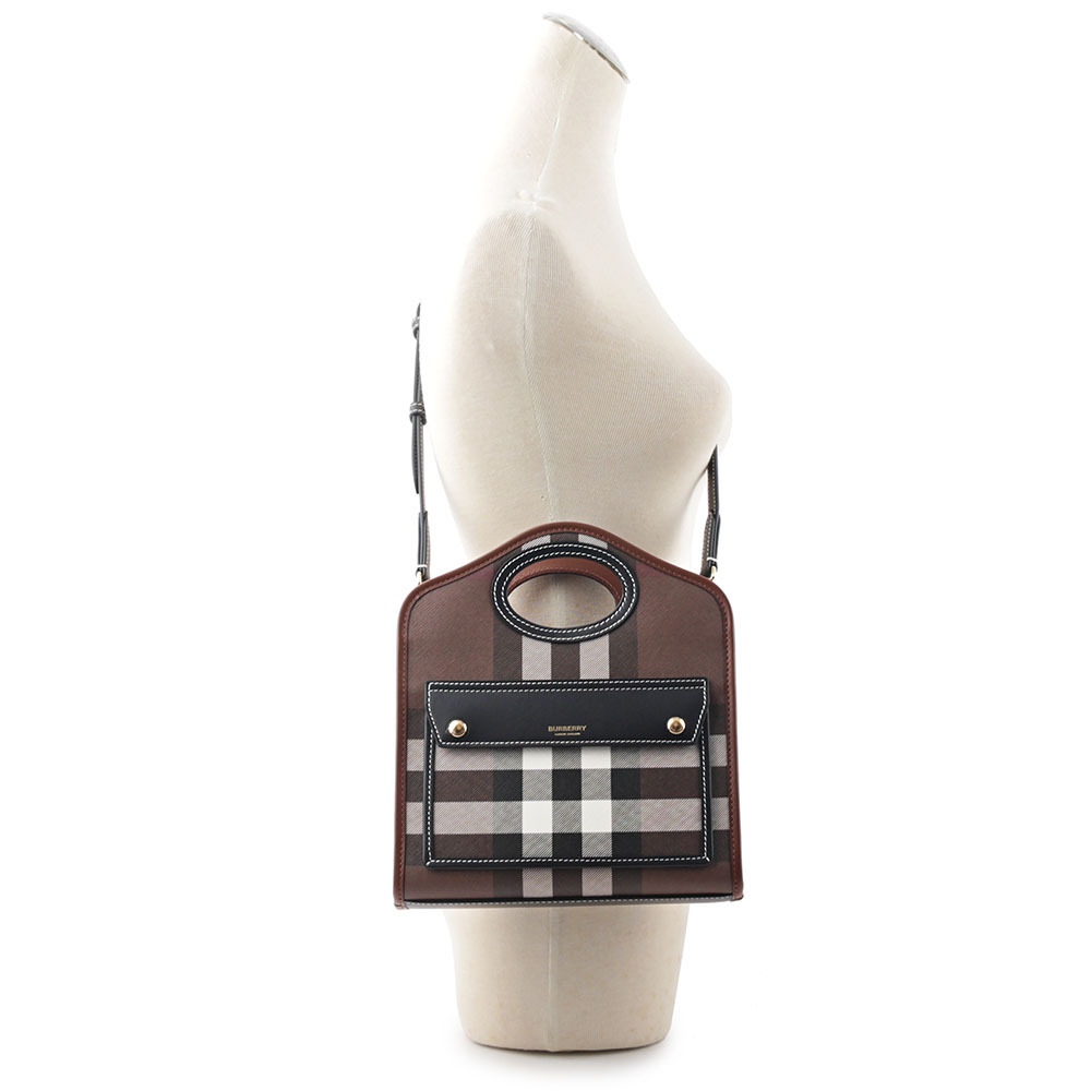 【BURBERRY】格紋拼皮革手提/斜背口袋包(Mini)(暗樺木棕色) 8071386 A8900