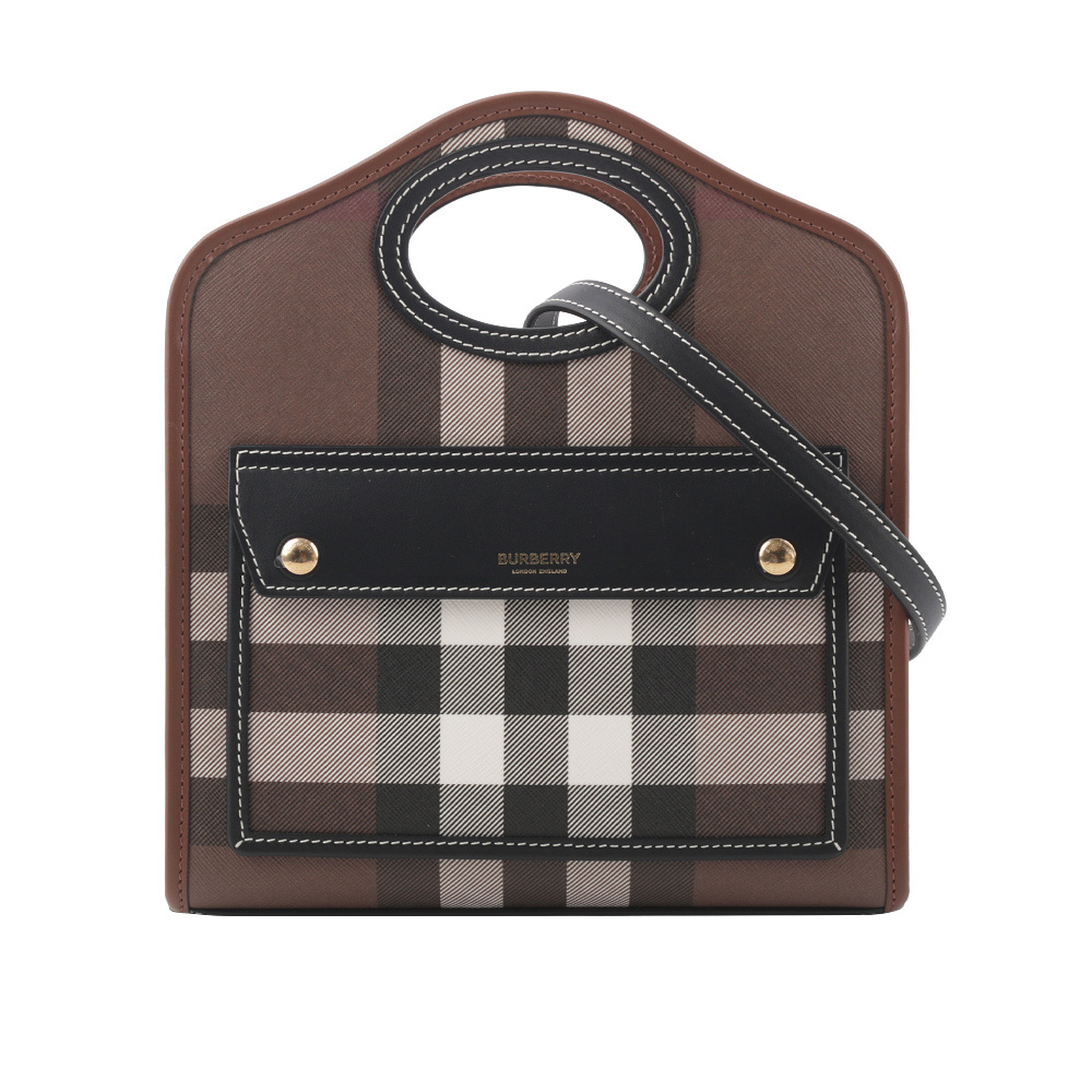 【BURBERRY】格紋拼皮革手提/斜背口袋包(Mini)(暗樺木棕色) 8071386 A8900