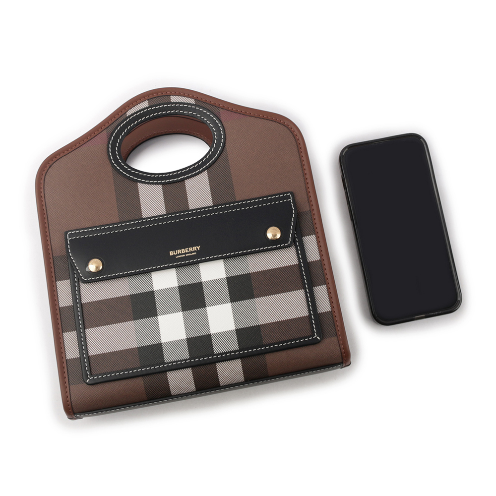 【BURBERRY】格紋拼皮革手提/斜背口袋包(Mini)(暗樺木棕色) 8071386 A8900