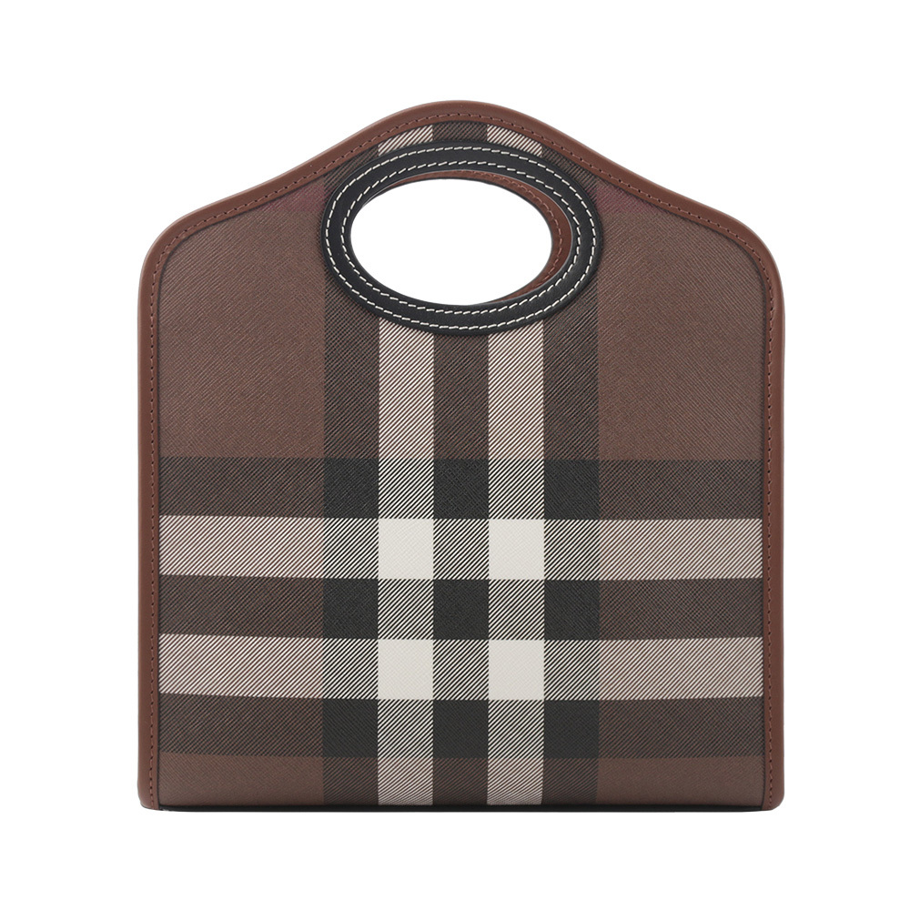 【BURBERRY】格紋拼皮革手提/斜背口袋包(Mini)(暗樺木棕色) 8071386 A8900