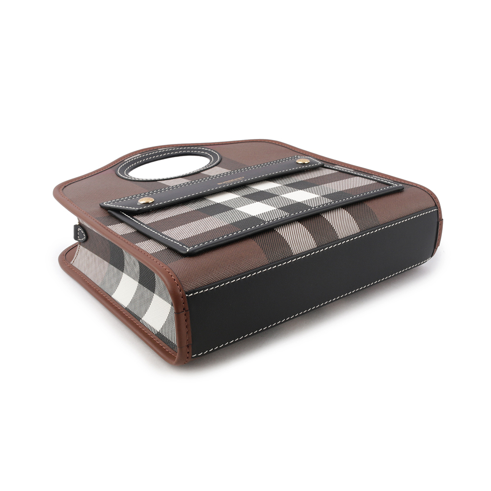 【BURBERRY】格紋拼皮革手提/斜背口袋包(Mini)(暗樺木棕色) 8071386 A8900