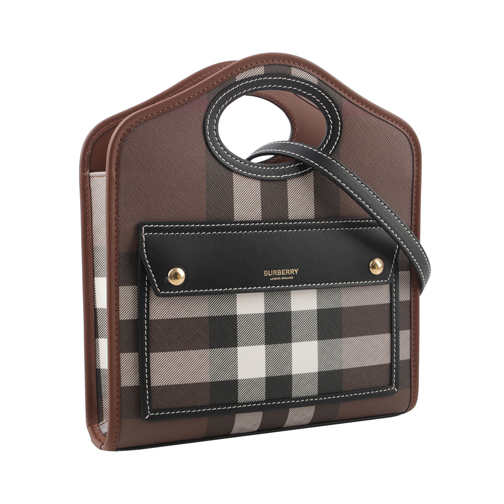 【BURBERRY】格紋拼皮革手提/斜背口袋包(Mini)(暗樺木棕色) 8071386 A8900