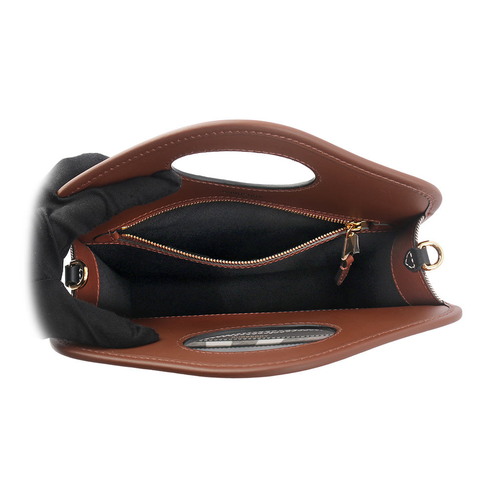 【BURBERRY】格紋拼皮革手提/斜背口袋包(Mini)(暗樺木棕色) 8071386 A8900