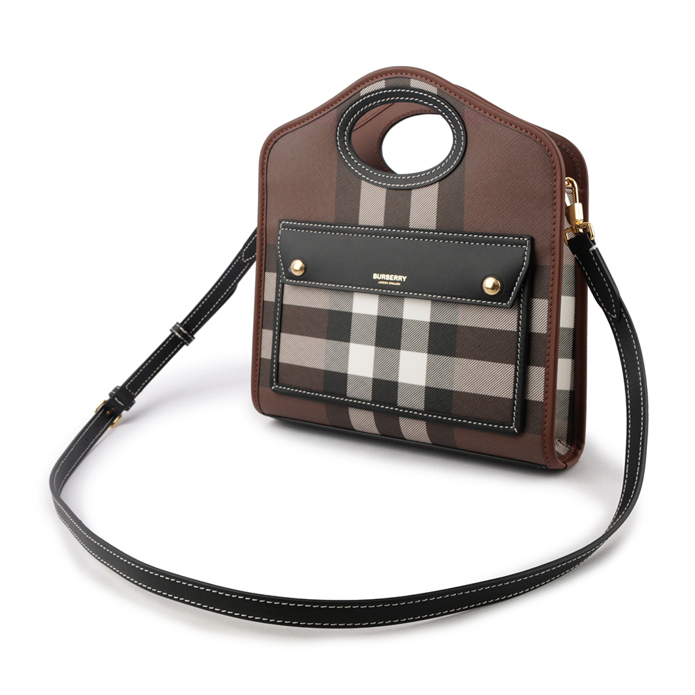【BURBERRY】格紋拼皮革手提/斜背口袋包(Mini)(暗樺木棕色) 8071386 A8900