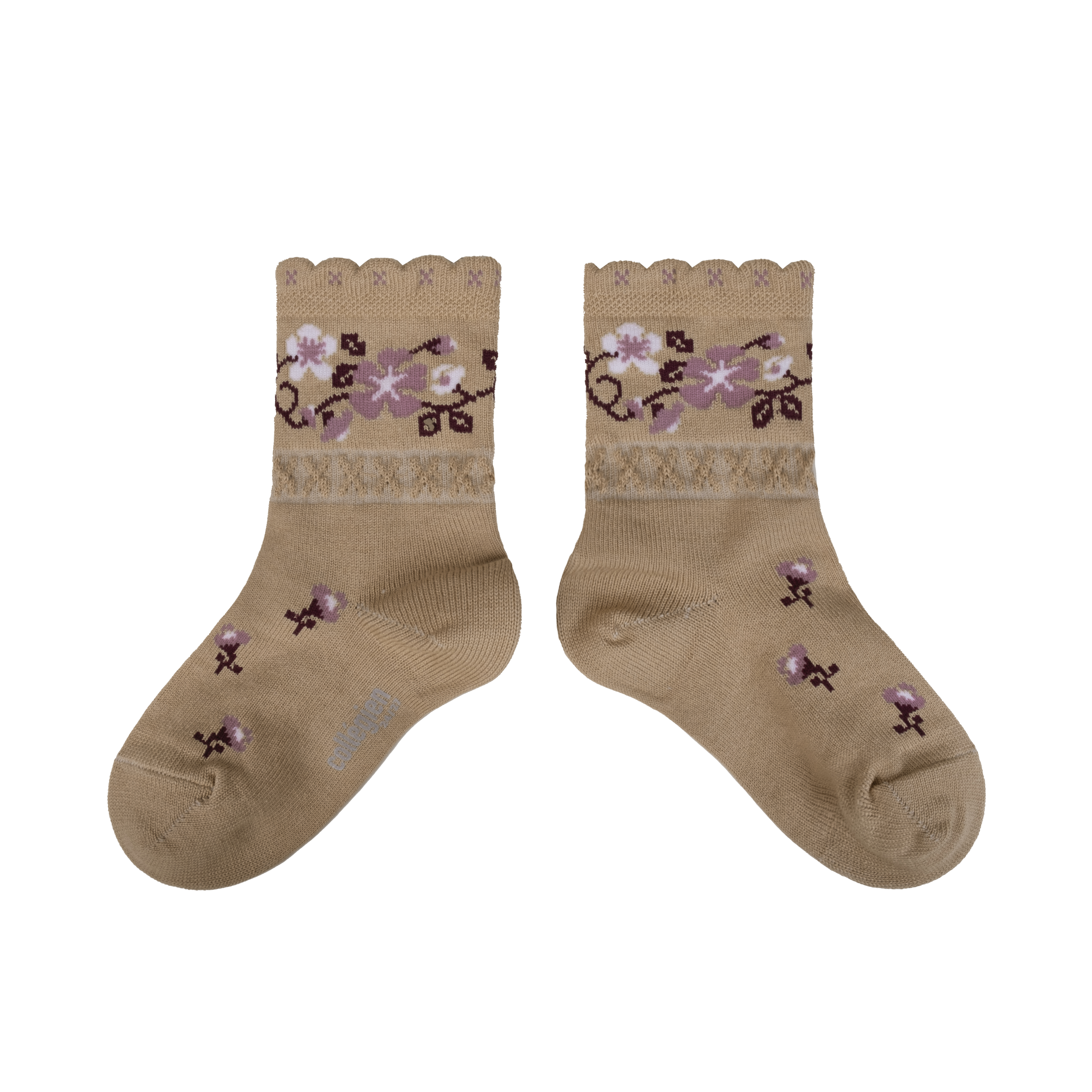 COLLÉGIEN - Camélia Jacquard Flower Ankle Socks（Petite Taupe）