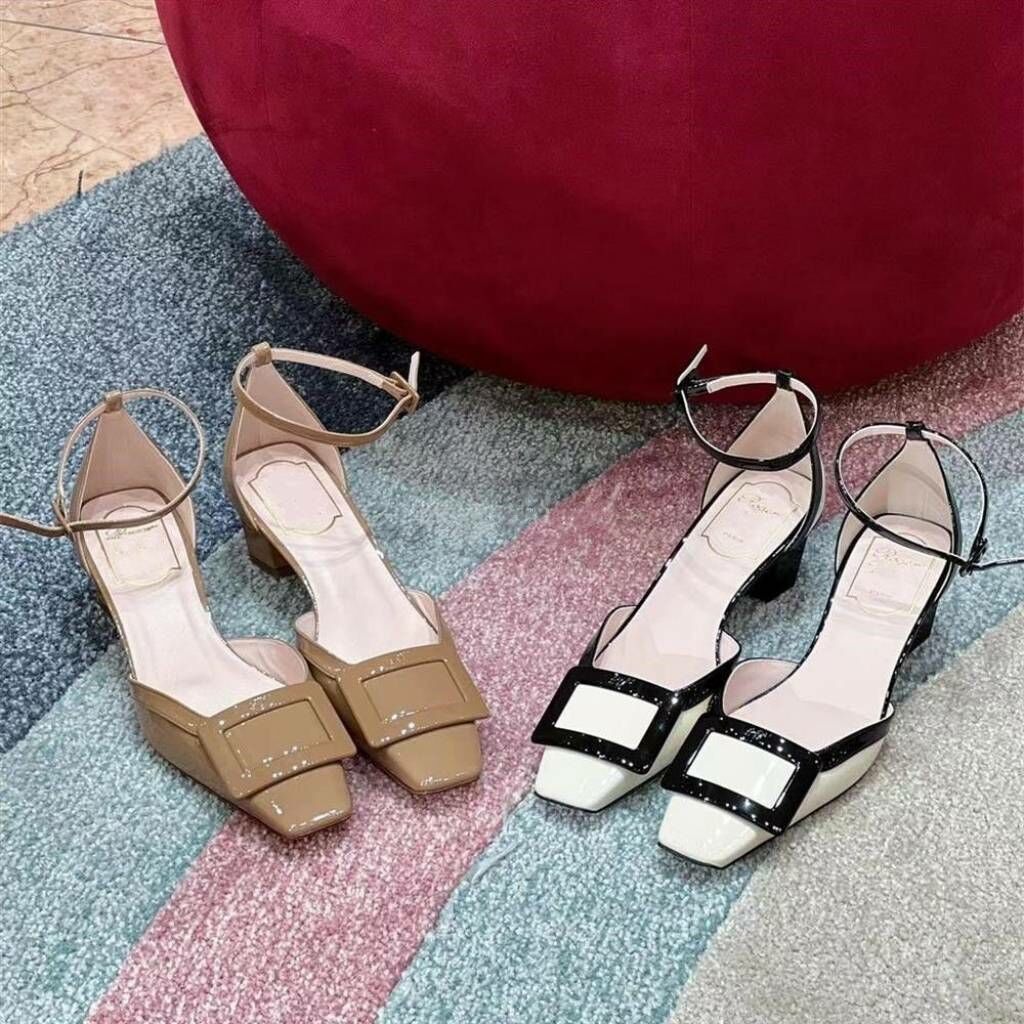 方頭拚色 針粗跟休閒鞋(35-40)(黑/白/焦糖)