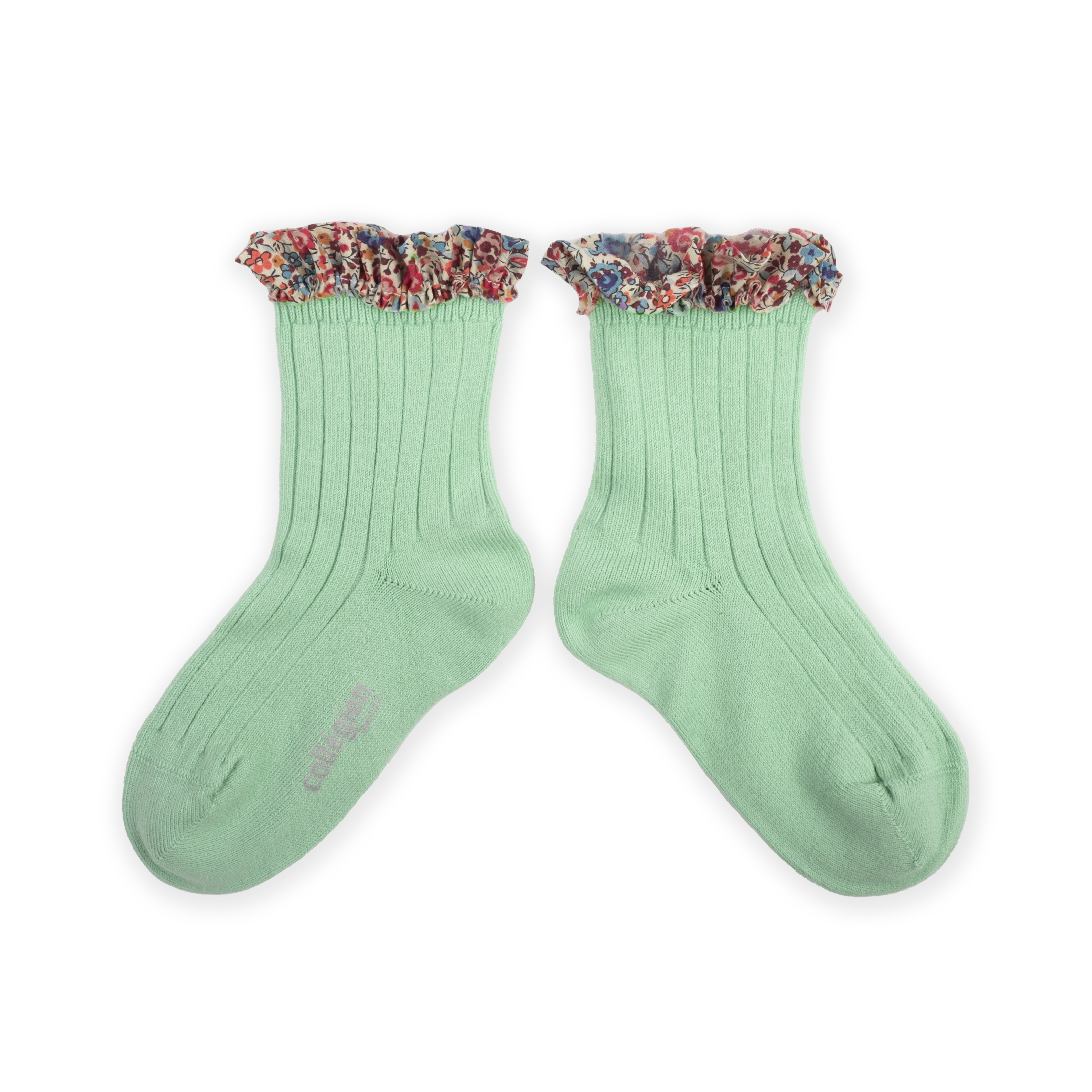 COLLÉGIEN - Charlotte Liberty Ruffle Ribbed Ankle Socks（Verveine）