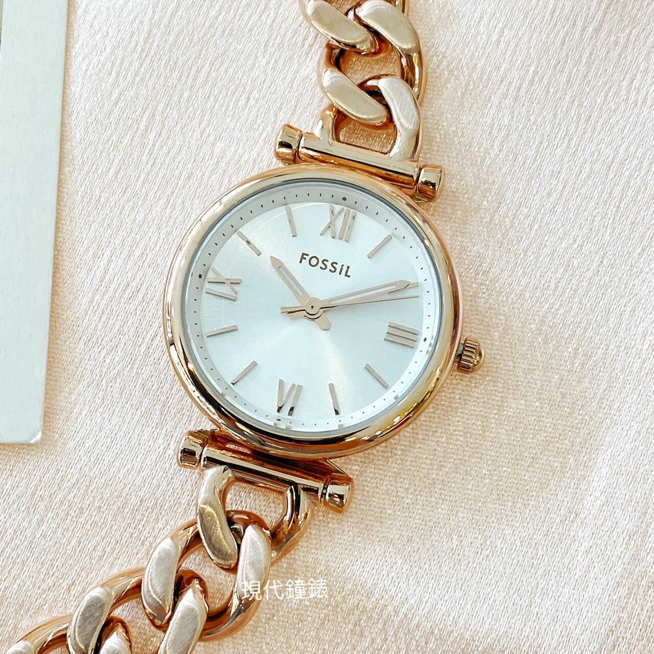 【FOSSIL】Carlie 優雅玫瑰金羅馬時刻手鍊式女錶ES5330 28mm 現代鐘錶