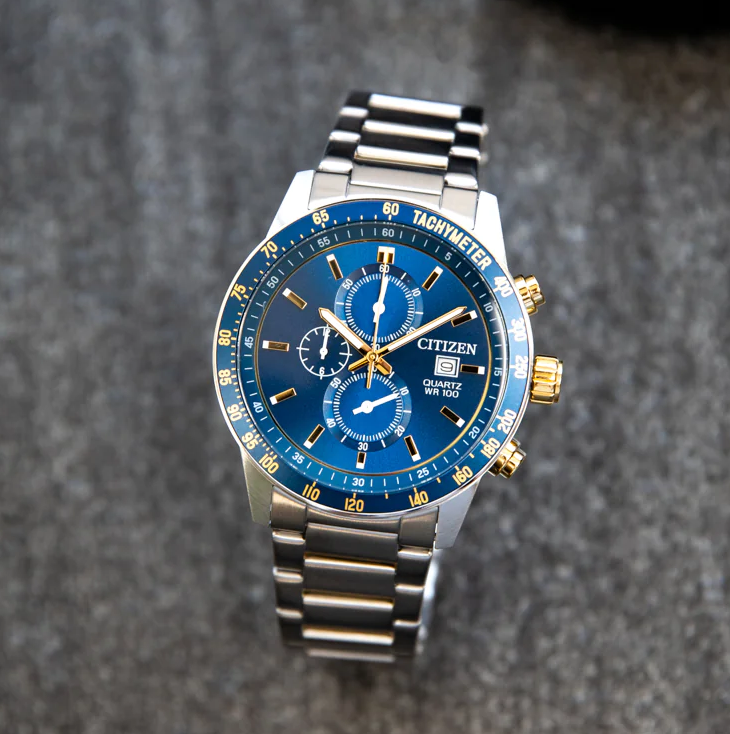 萬年鐘錶 - Citizen 星辰錶 藍色錶面金色邊框三眼計時不鏽鋼男錶 AN3684-59L 錶徑44MM