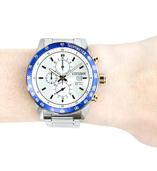 萬年鐘錶 - Citizen 星辰錶 白色錶面金色邊框三眼計時不鏽鋼男錶 AN3686-53A 錶徑44MM