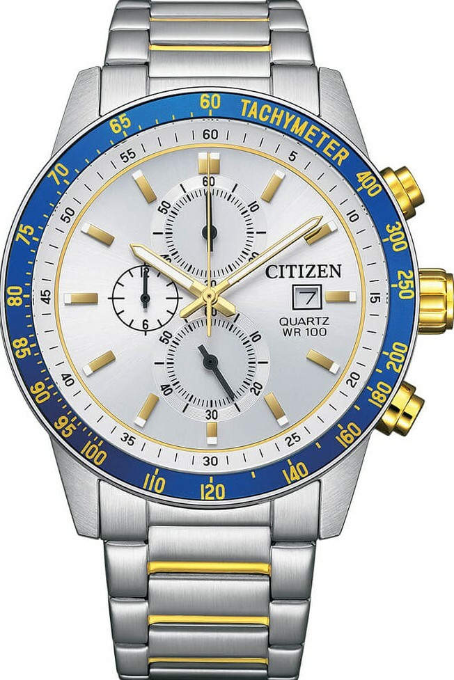 萬年鐘錶 - Citizen 星辰錶 白色錶面金色邊框三眼計時不鏽鋼男錶 AN3686-53A 錶徑44MM