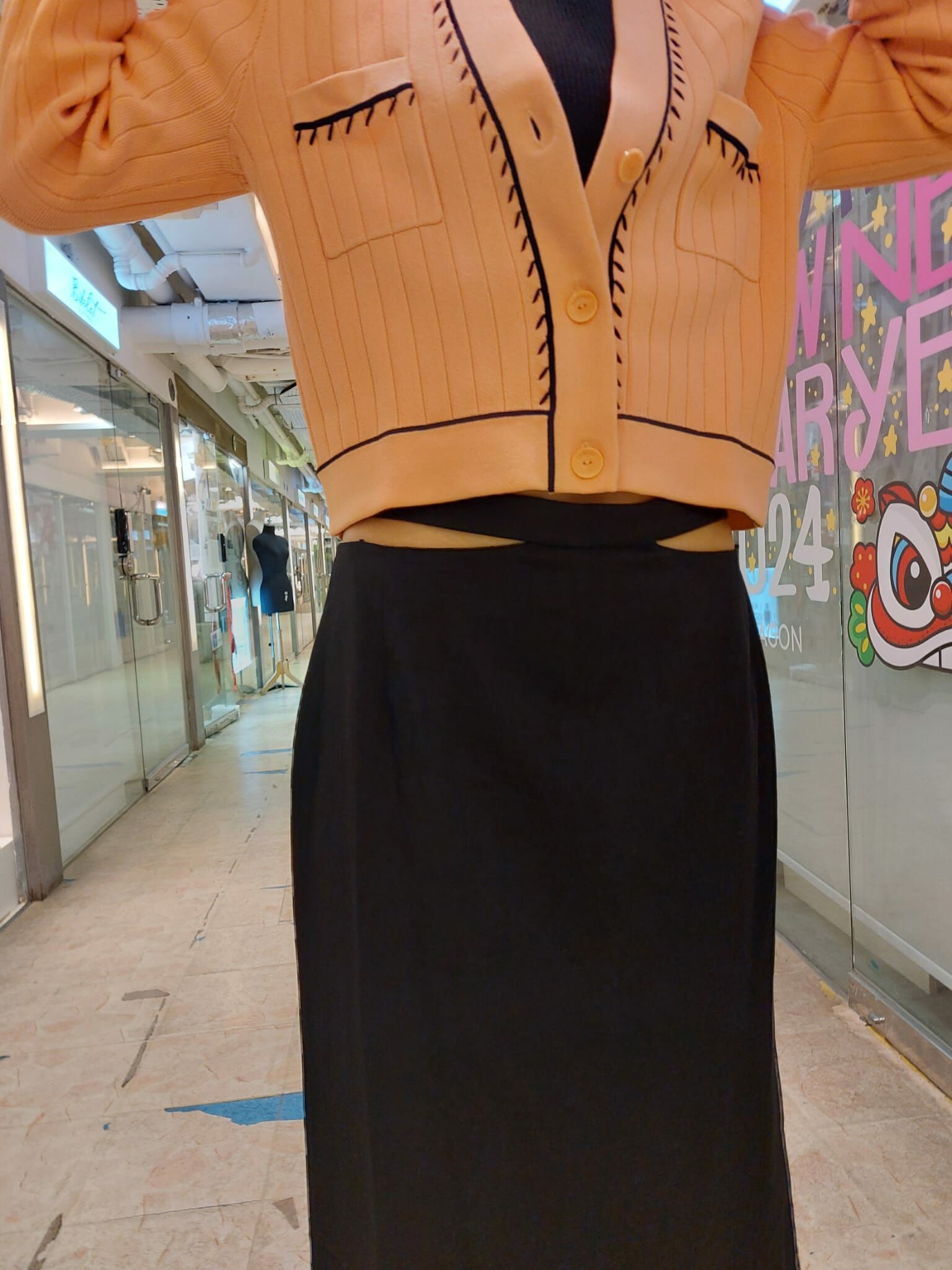 SANDRO 小露腰黑色中長裙