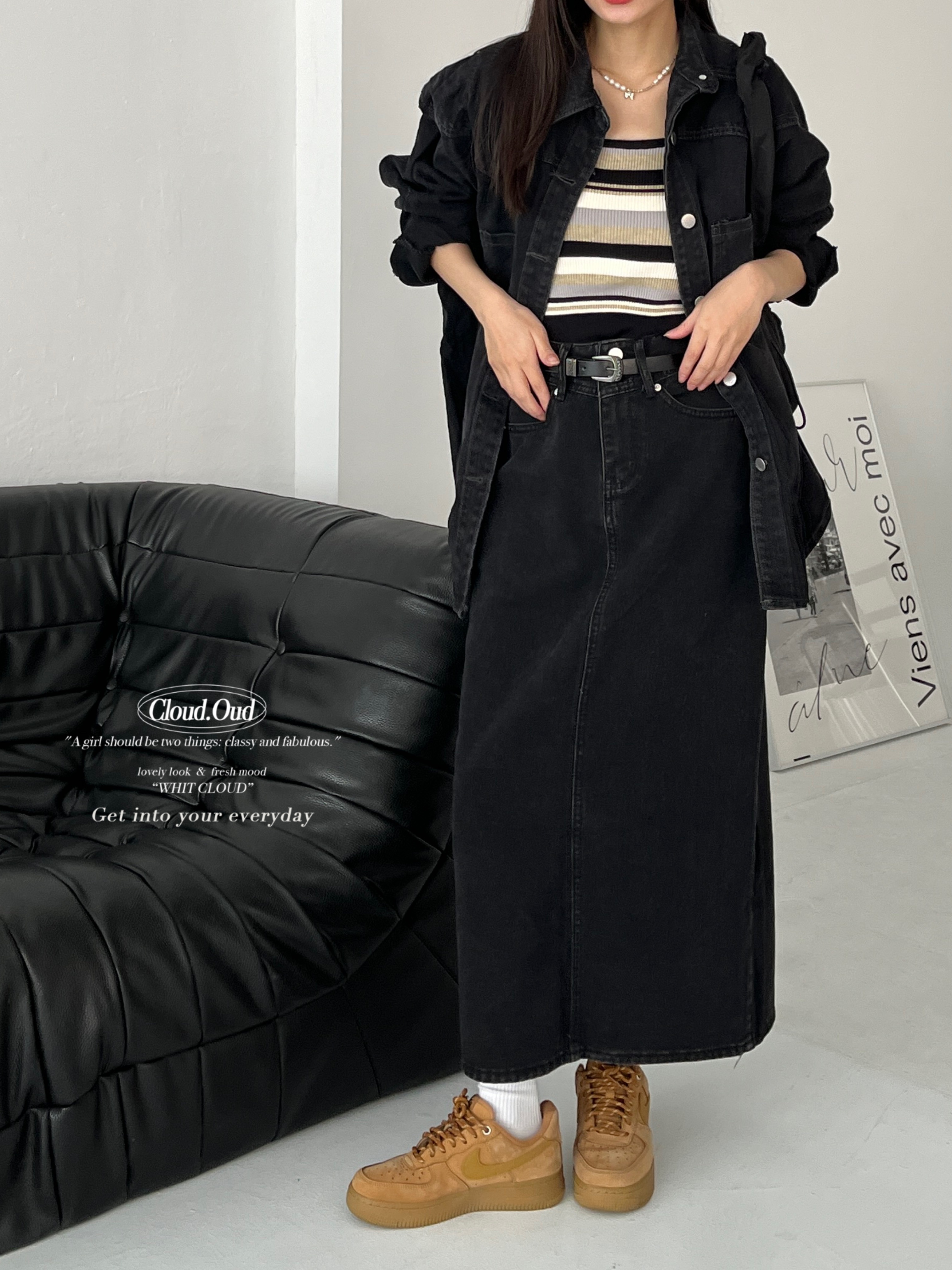 小編大推！後開衩復古黑牛仔長裙