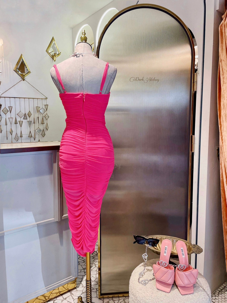 Hot pink桃紅色水鑽金屬肩帶桃心領抽縐 Midi Dress