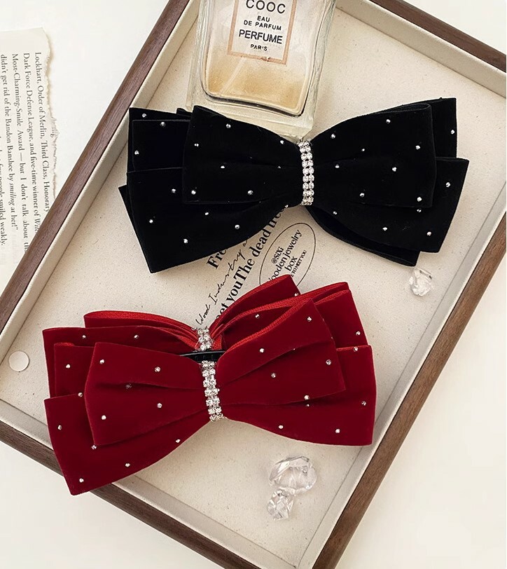 Black Velvet Sparkling Rhinestone Bow Banana Hair Clip