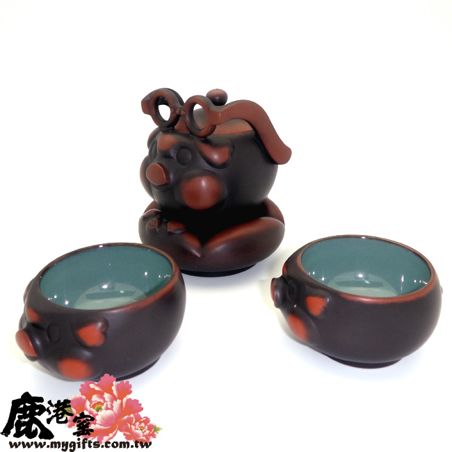 鹿港窯禮品館│紫砂陶-茶具組-意象玄機【豬博士】禮盒