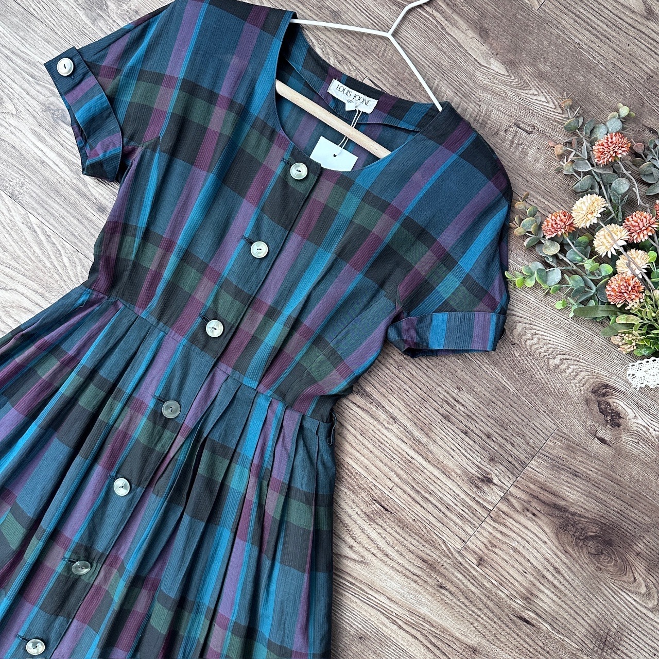 紫藍格紋棉質短袖連身裙