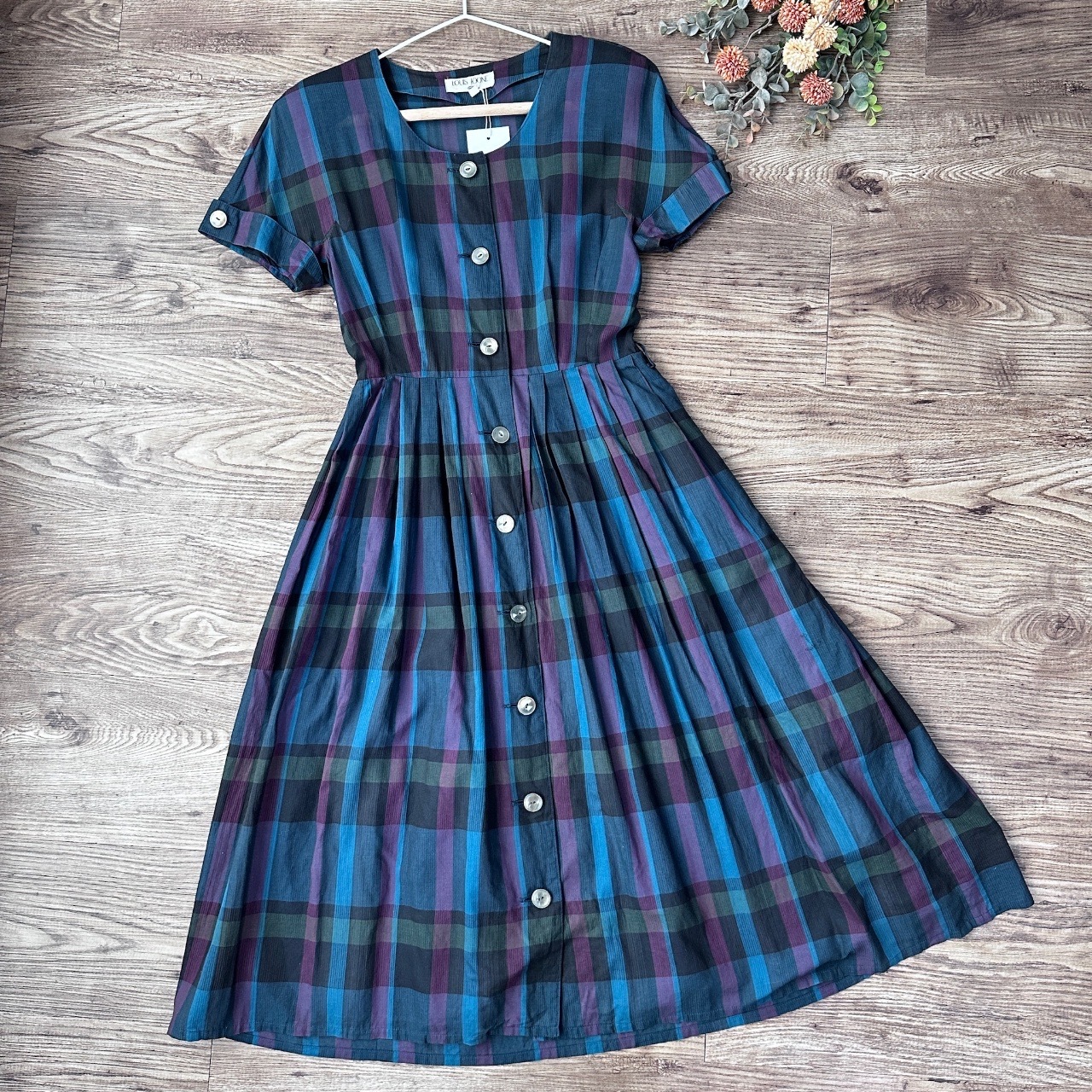 紫藍格紋棉質短袖連身裙