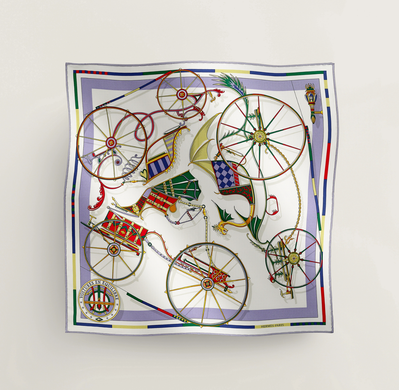 HERMES Voitures en Equilibre scarf 45 Blanc / Mauve / Vert