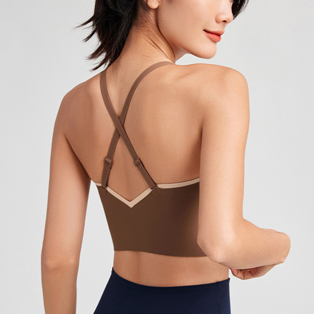 中強度無痕貼合細肩交叉可調美背瑜珈/運動/機能背心【固定罩杯】