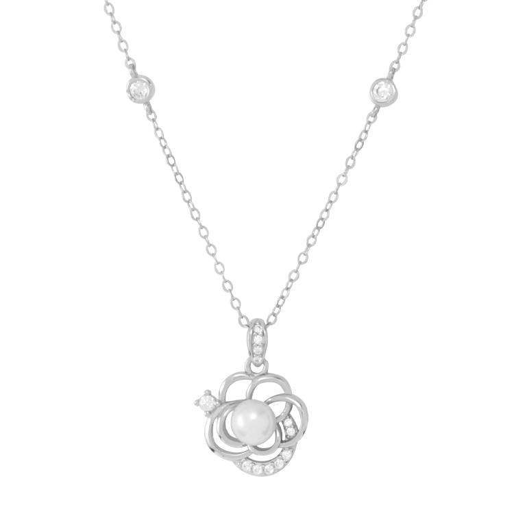 新品-純銀項鍊，女士項鍊 鏤空山茶花造型；溫潤珍珠清新淡雅（3652銀色）