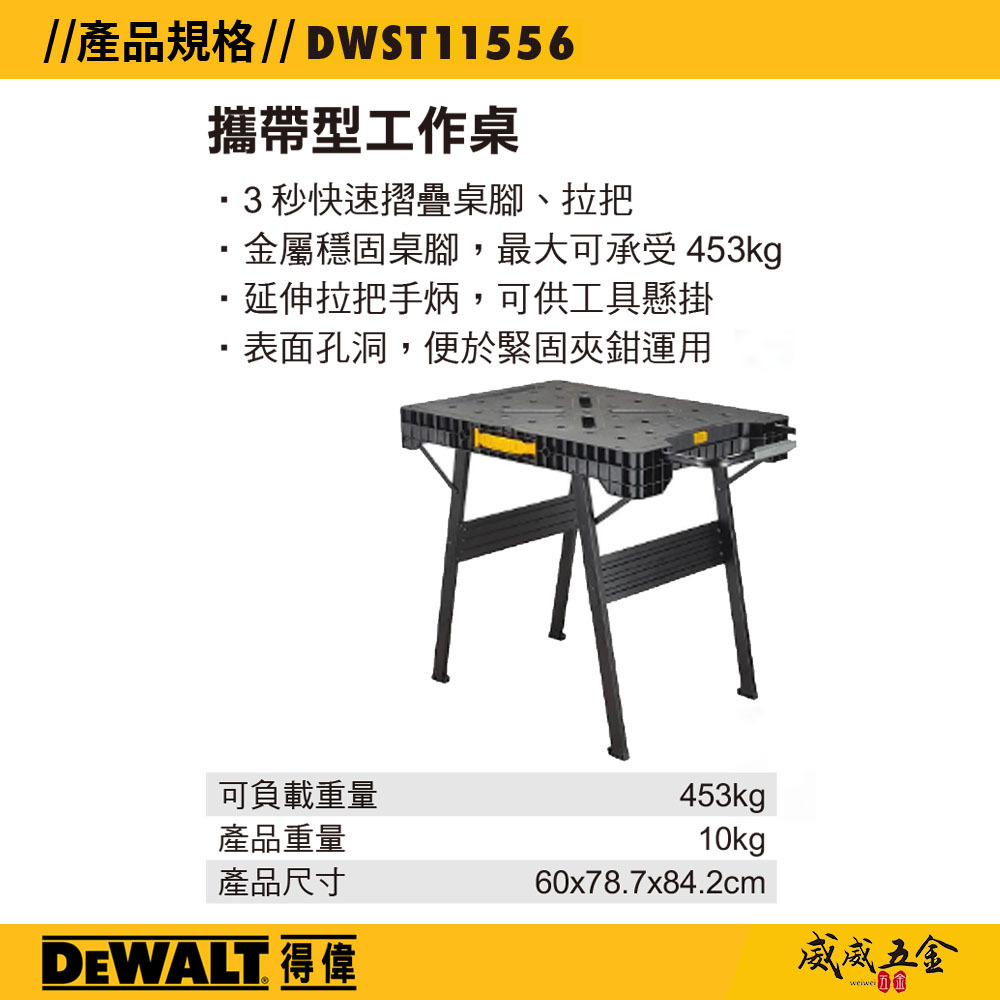 DEWALT 美國 得偉｜攜帶型 專業型折疊式工作桌 多功能快速摺疊工作台 耐重工作檯｜DWST11556｜公司貨