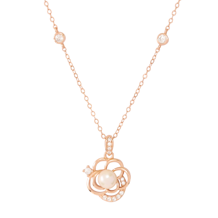 新品-純銀項鍊，女士項鍊 鏤空山茶花造型；溫潤珍珠清新淡雅（3652玫瑰金 ）