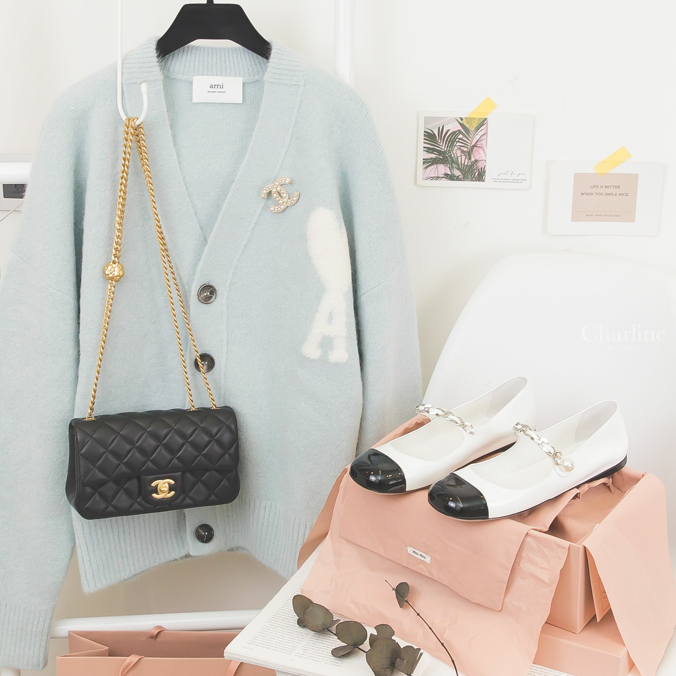 Miu Miu Ballerinas 白色拼黑色漆皮銀鍊珍珠平底瑪莉珍鞋,Chanel Brooch 金色大小珍珠水鑽CC胸針,Chanel Mini Flap Bag 黑色金CC金色山茶花鍊帶包-Charline Boutique 精品代購