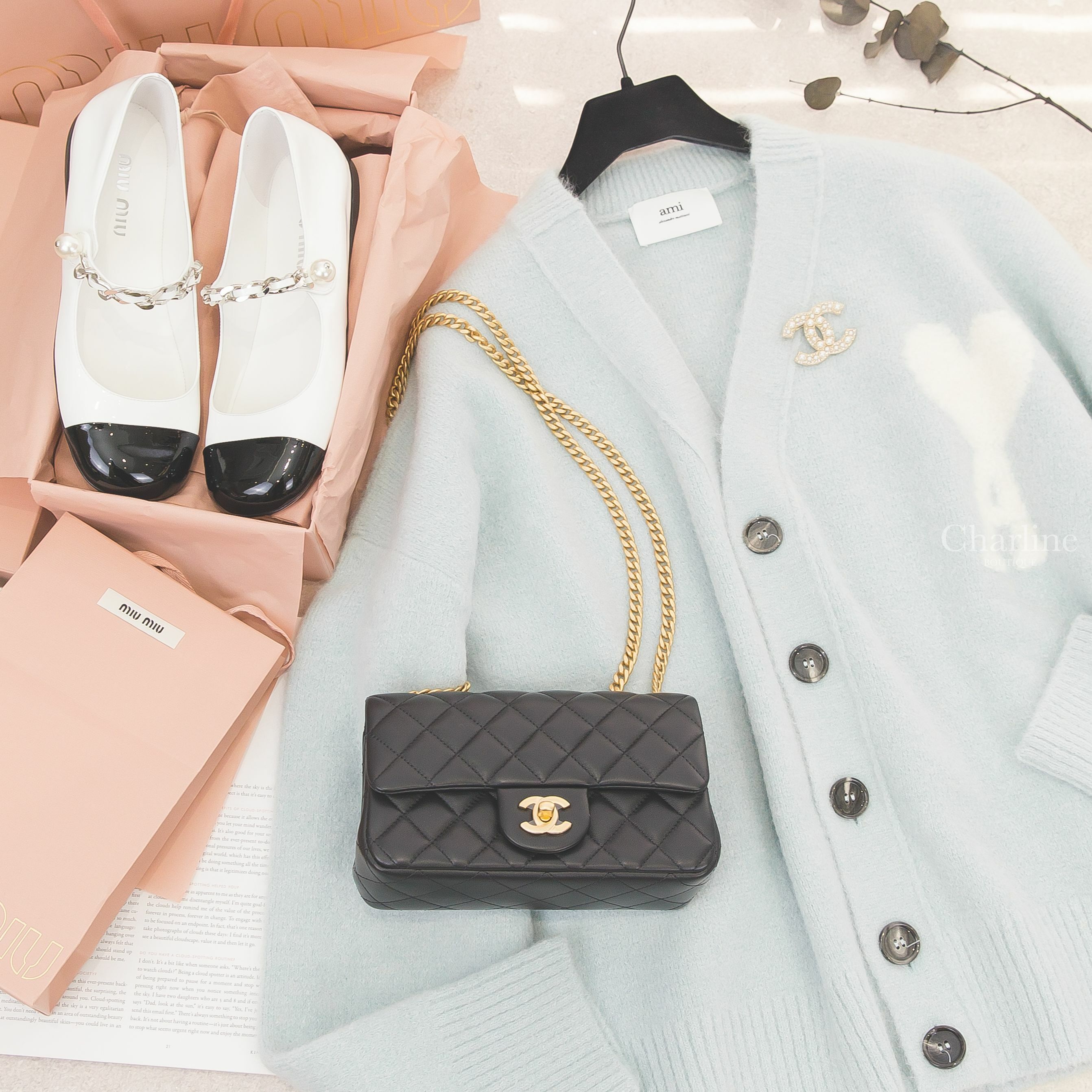 Miu Miu Ballerinas 白色拼黑色漆皮銀鍊珍珠平底瑪莉珍鞋,Chanel Brooch 金色大小珍珠水鑽CC胸針,Chanel Mini Flap Bag 黑色金CC金色山茶花鍊帶包-Charline Boutique 精品代購