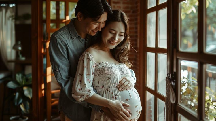 幸福的男人從一端擁抱著他的懷孕的老婆，兩人都對著老婆的肚子笑著。